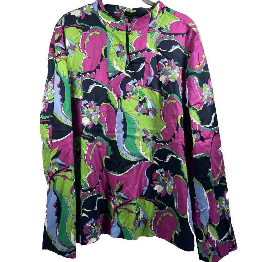 Talbots Women Top Blouse Size 16 Colorful Artsy Long Sleeve Pullover Lightweight